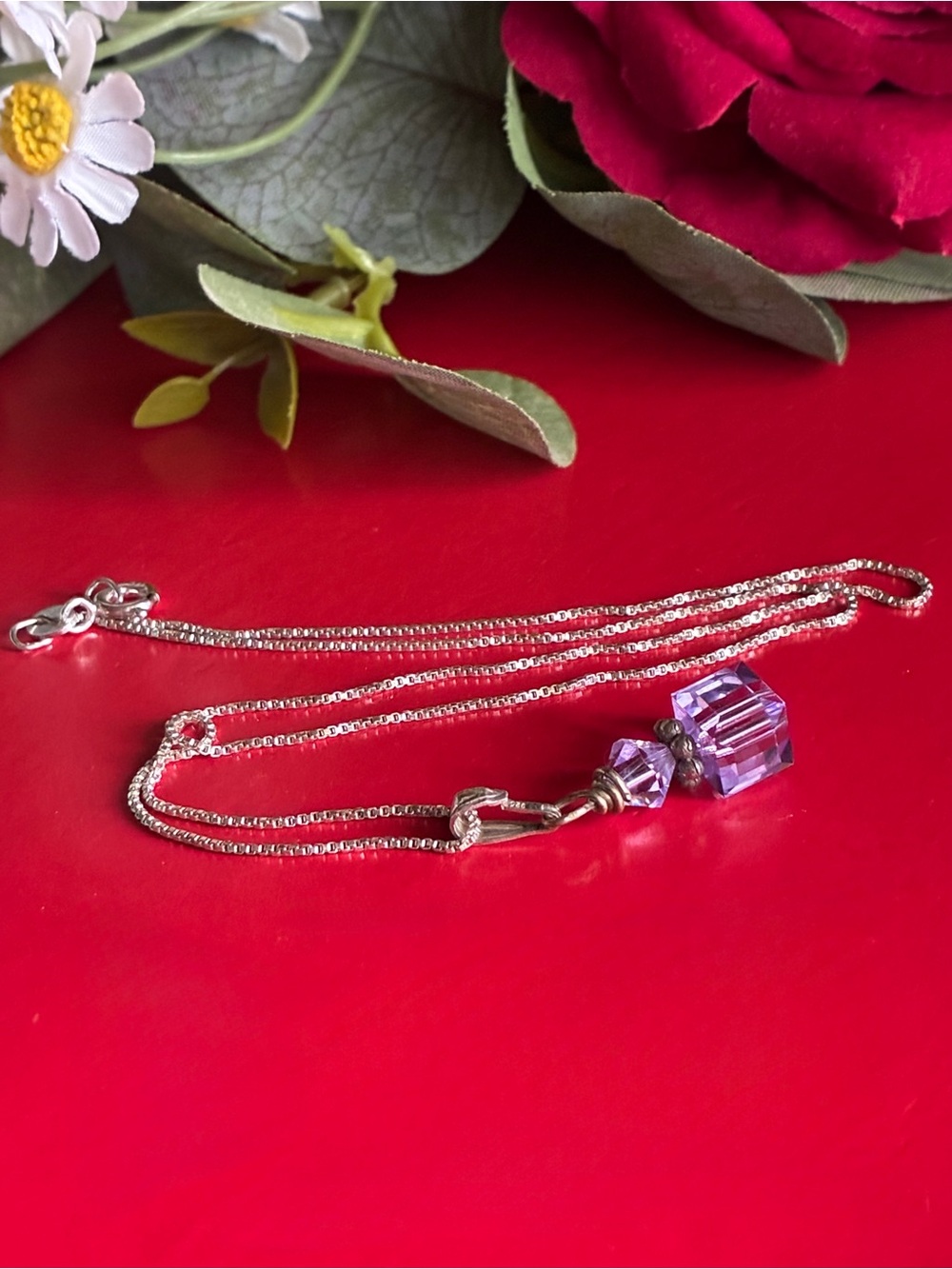 925 Silver Necklace,Elegant Purple Crystal Cube Pendant on Silver Chain Necklace - Picture 5 of 7
